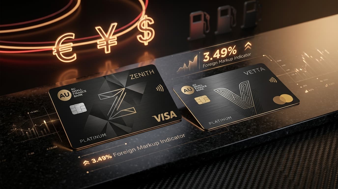 AU Zenith and Vetta credit cards devalued forex markup 3.49 percent fuel surcharge waiver capped